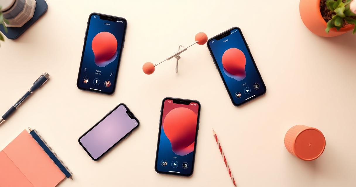 Multiple smartphones with abstract dating app interfaces on a minimalist desk
