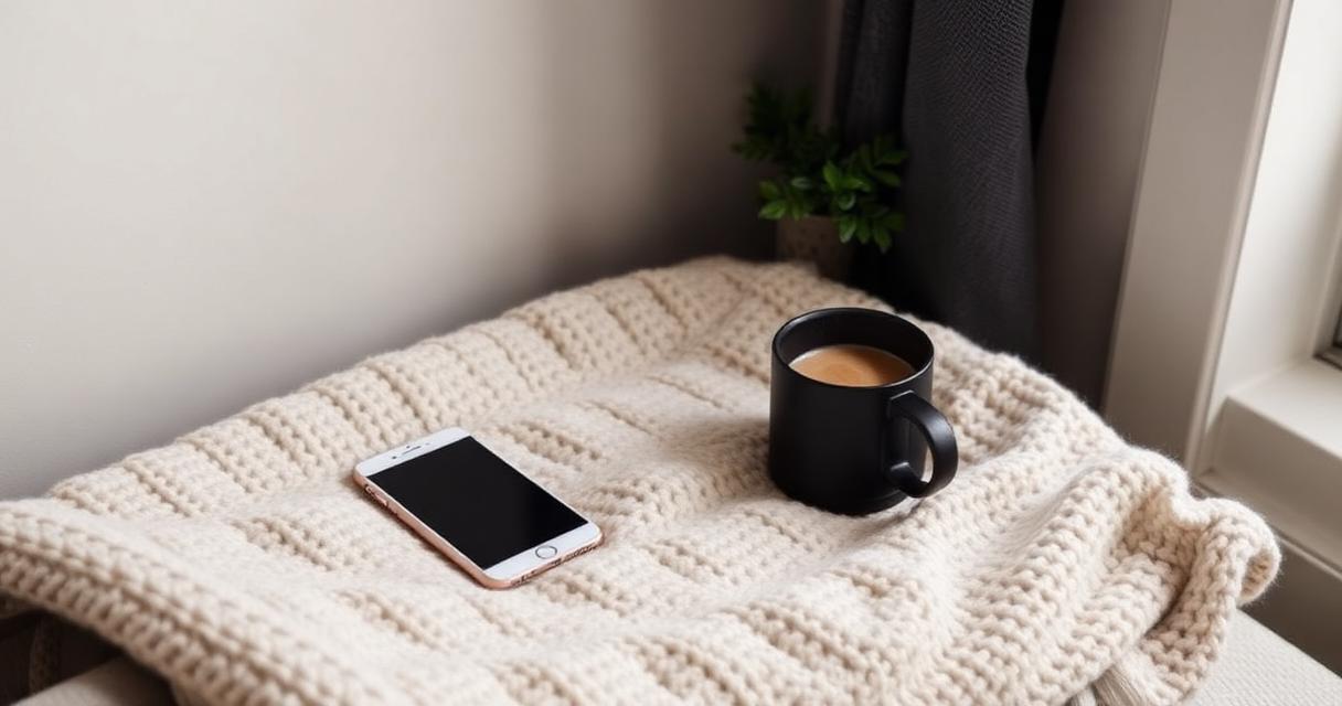 Cosy reading nook with smartphone, knitted blanket, mug and headphones
