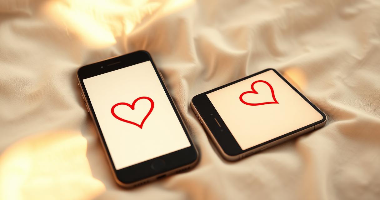 Two smartphones connected by glowing heart icons on a soft cream surface