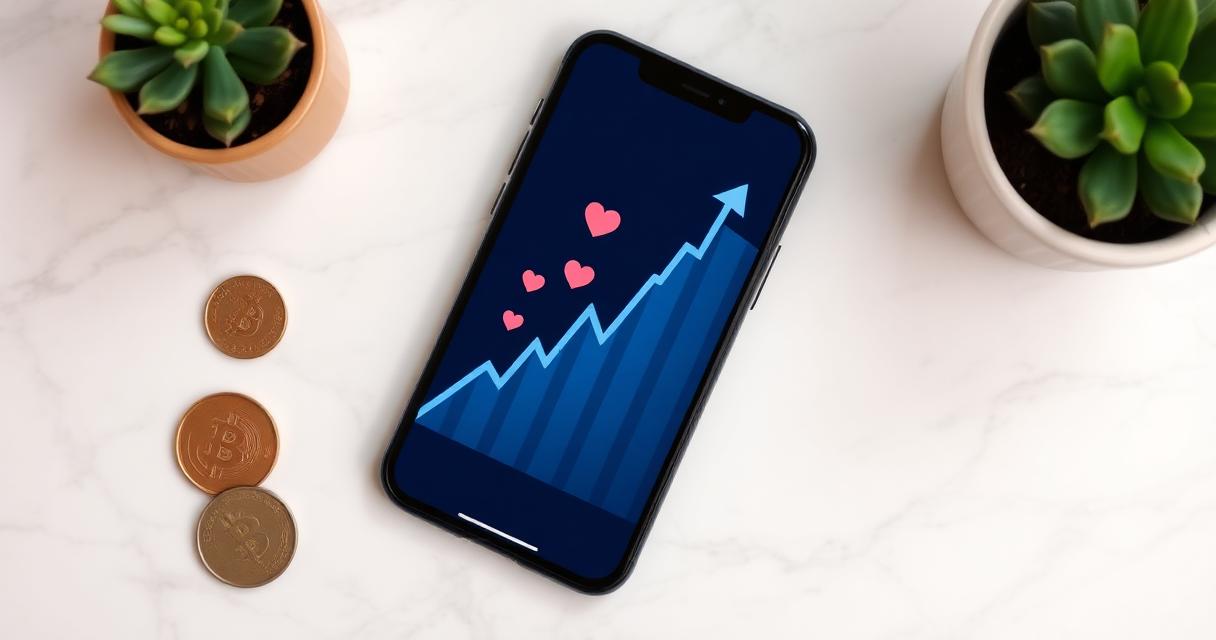Smartphone showing a rising chart with heart icons beside coins on a marble desk
