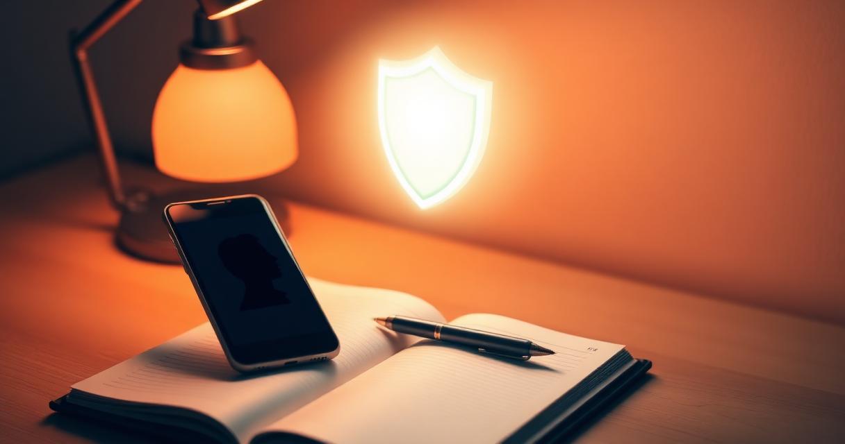 Glowing safety shield above an open notebook and smartphone on a desk