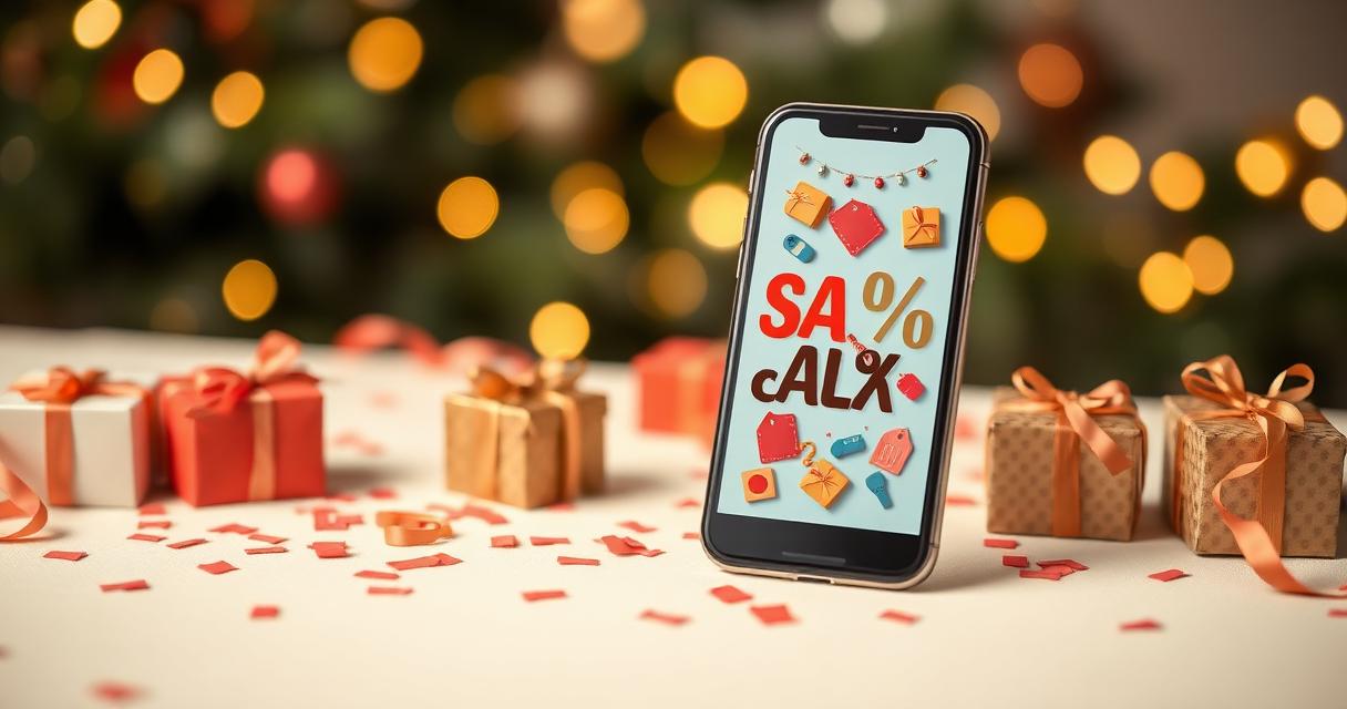 Smartphone surrounded by gift boxes and bokeh lights for Singles Day deals